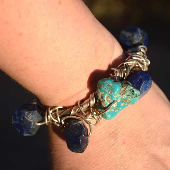 Conceptual Subculture Jewelry - Genuine Turquoise Lapis Sterling Silver Bracelet